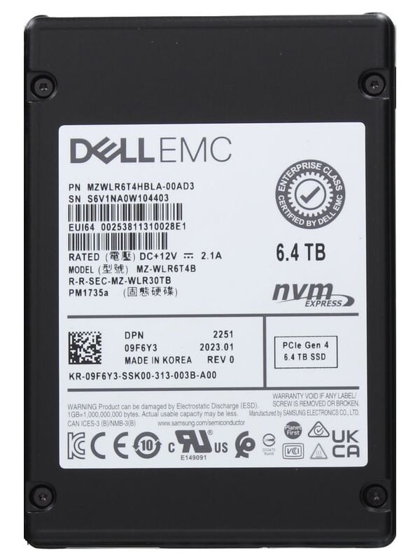 SAMSUNG MZ-WLR6T4B 6.4TB Mixed Use 3DWPD NVMe 2.5Inch U.2 TLC Ssd Dell Oem